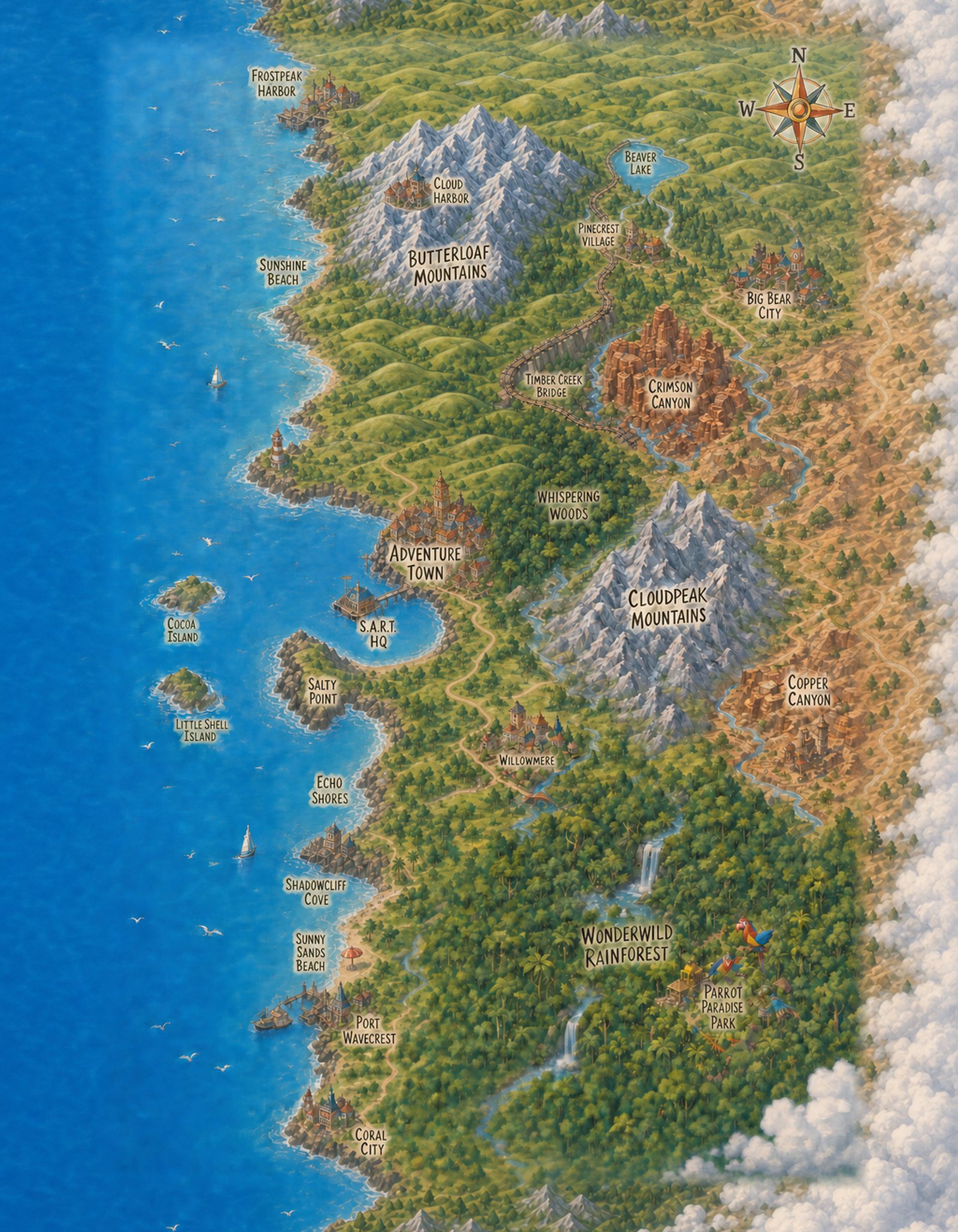 Illustrated map of the Adventure Koala coastline, running from Frostpeak Harbor and the Butterloaf Mountains in the north, past Adventure Town on its bay and S.A.R.T. Headquarters, down through Shadowcliff Cove and Port Wavecrest to Coral City and the Wonderwild Rainforest in the south