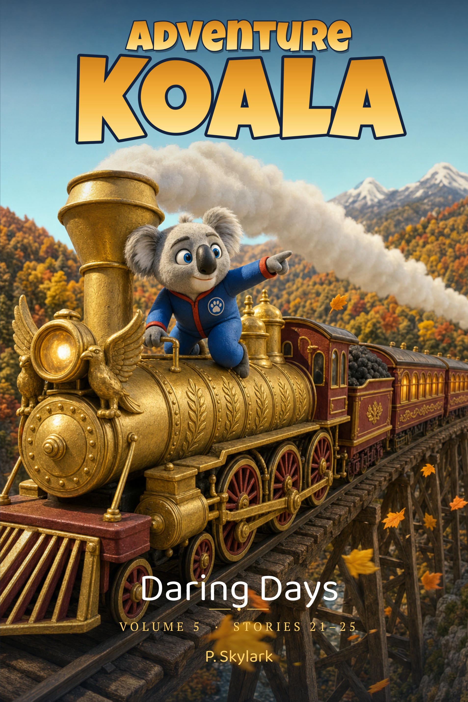 Adventure Koala: Daring Days (Volume 5) book cover — Adventure Koala riding a golden steam locomotive across a mountain bridge